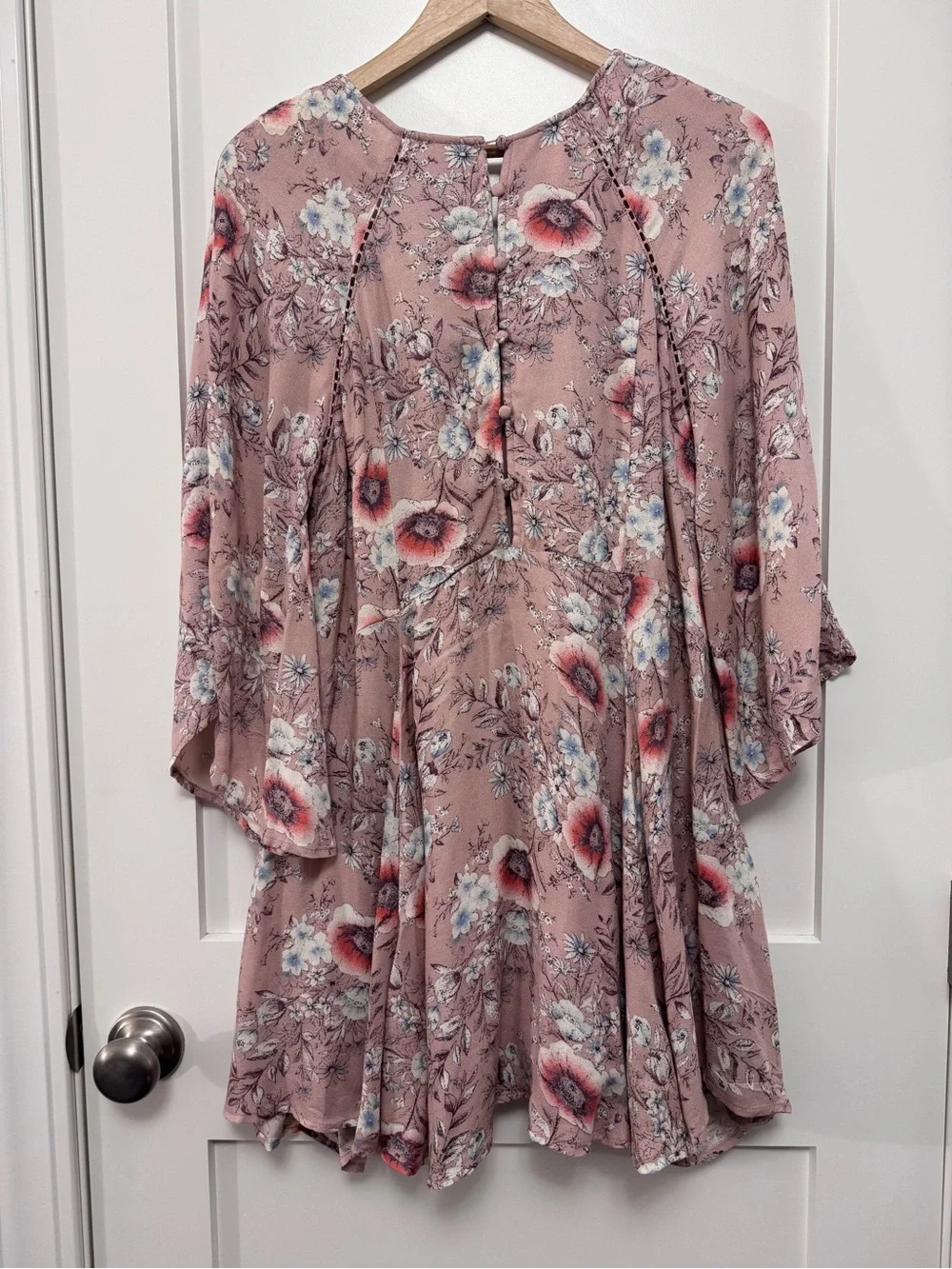 Blu Pepper Dusty Rose Floral Long Sleeve Mini Babydoll Dress L NWT